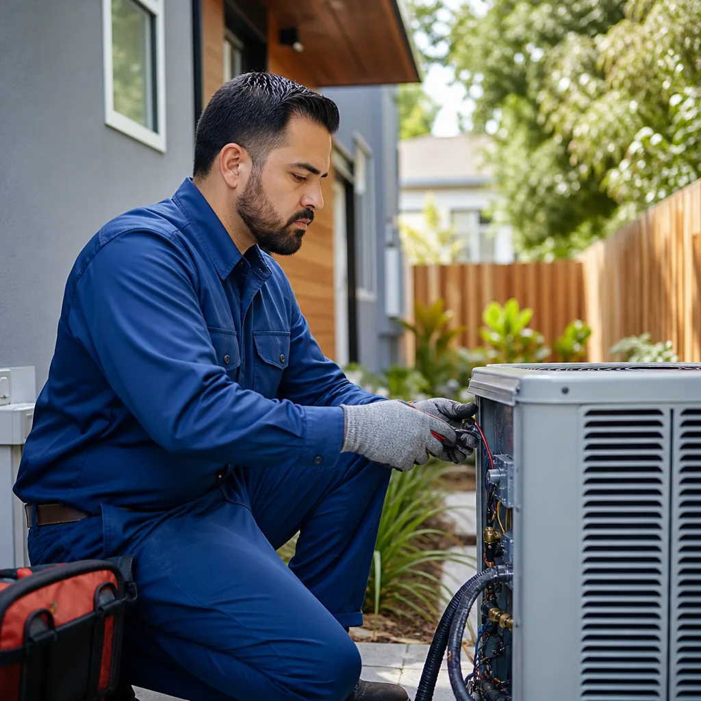 Technician in blue uniform repairing an outdoor residential air conditioning unit in Austin, TX