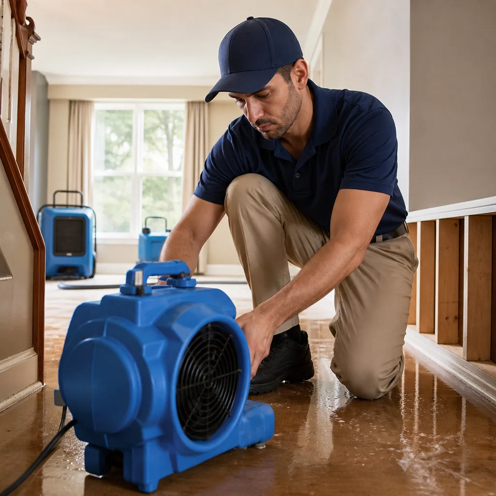 Damage restoration technician setting up industrial air mover for water extraction in Austin, TX