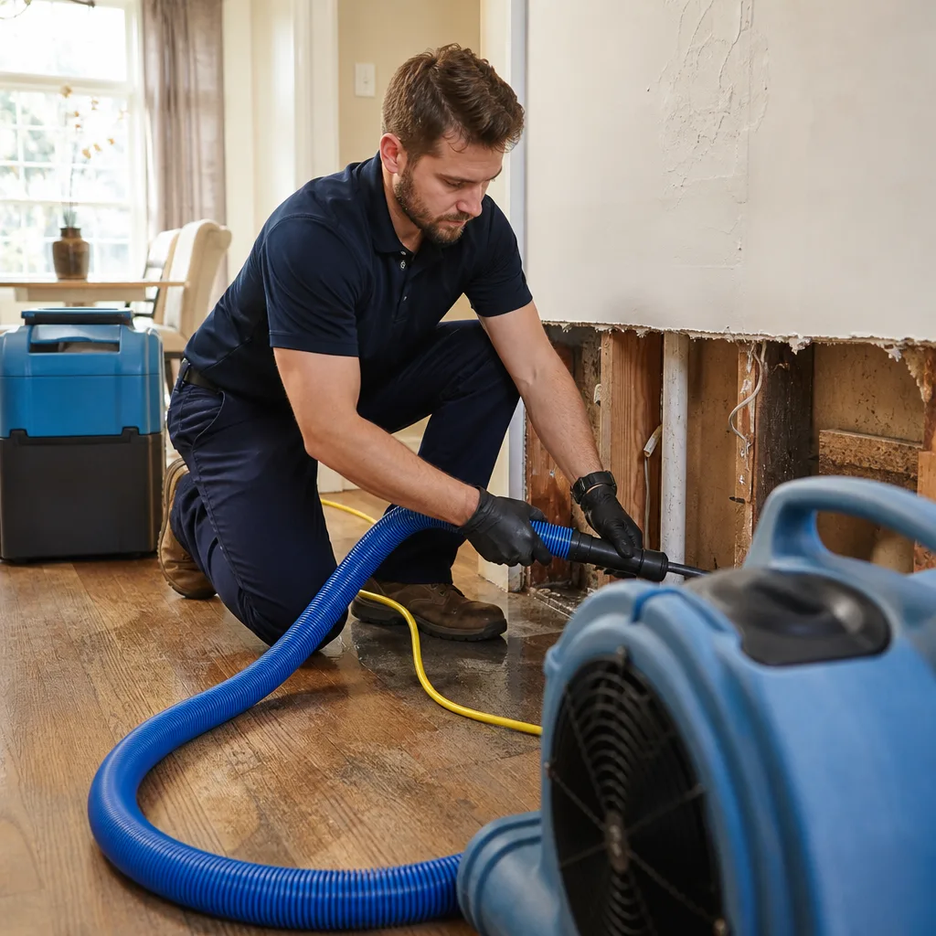 Water damage restoration professional using industrial extraction equipment on a wall in Austin, TX