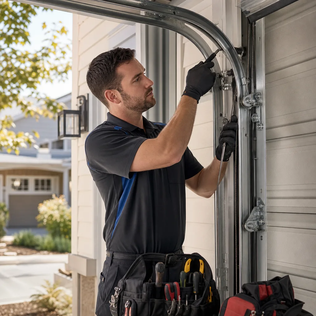 Technician performing professional garage door maintenance and track repair in Austin, TX