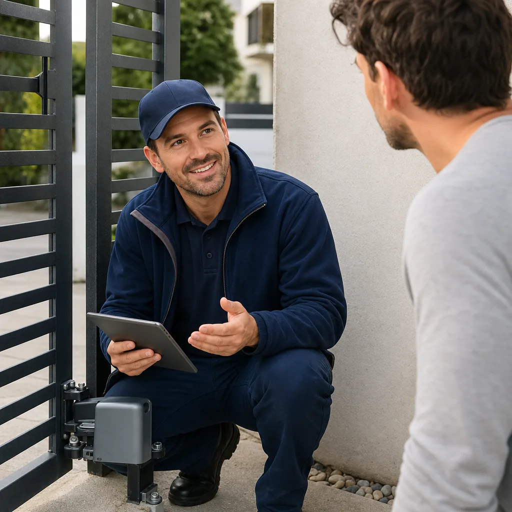Professional technician performing gate repair services using a tablet. in Austin, TX