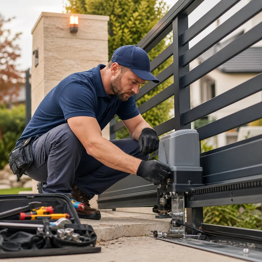 Technician performing professional sliding gate motor repair and maintenance in Austin, TX