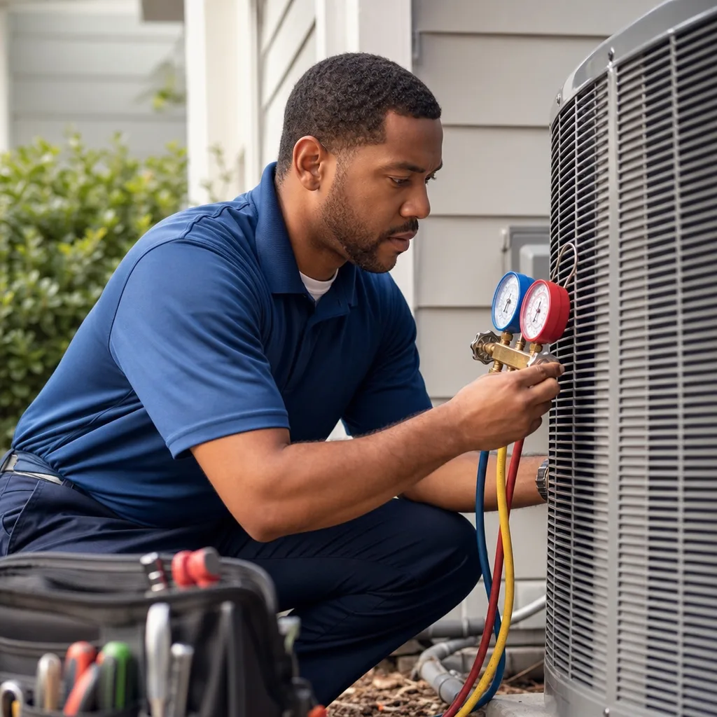 Technician using manifold gauges to service an outdoor HVAC unit in Austin, TX