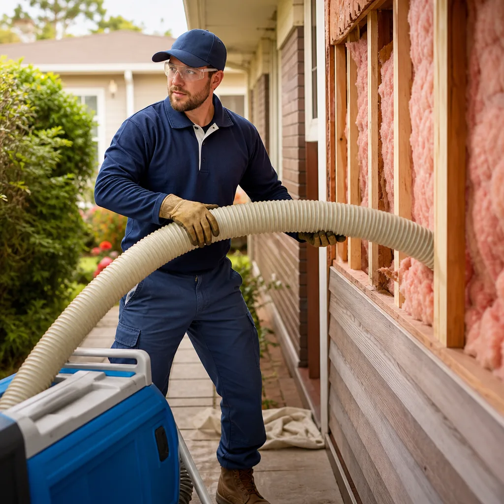 Professional technician installing wall insulation using a vacuum hose system in Austin, TX