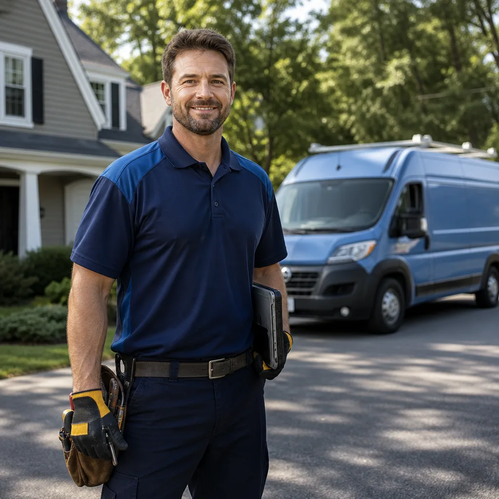Professional roofing contractor smiling with equipment at a residential job site. in Austin, TX