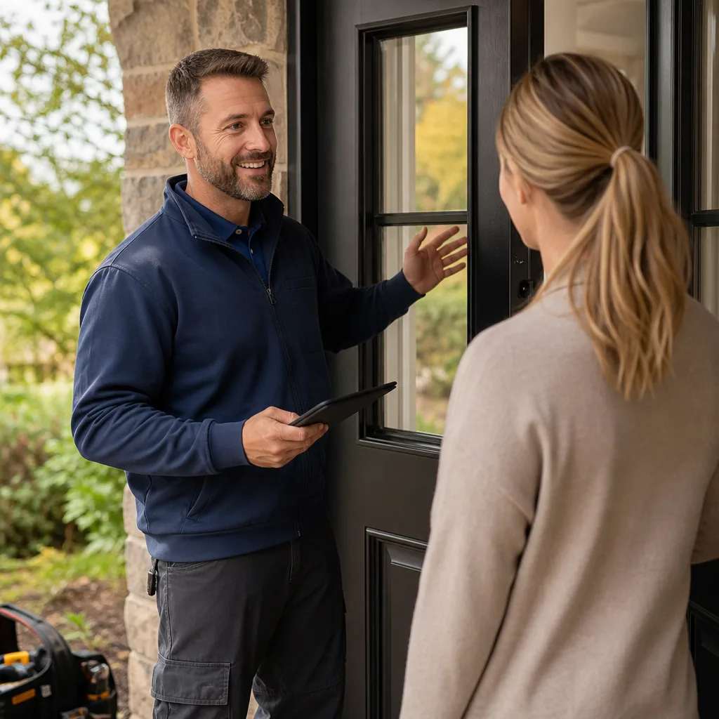 Professional technician discussing garage door and window service with a customer in Austin, TX