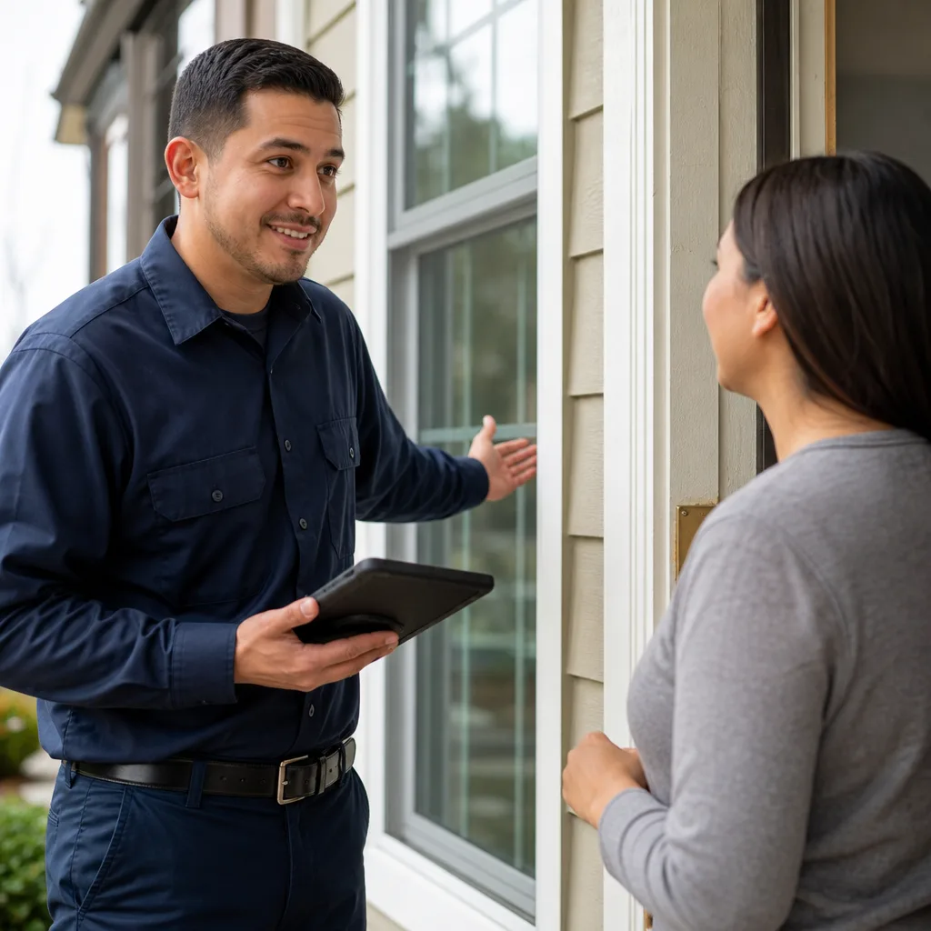 Professional technician discussing window and door installation services with a homeowner in Austin, TX